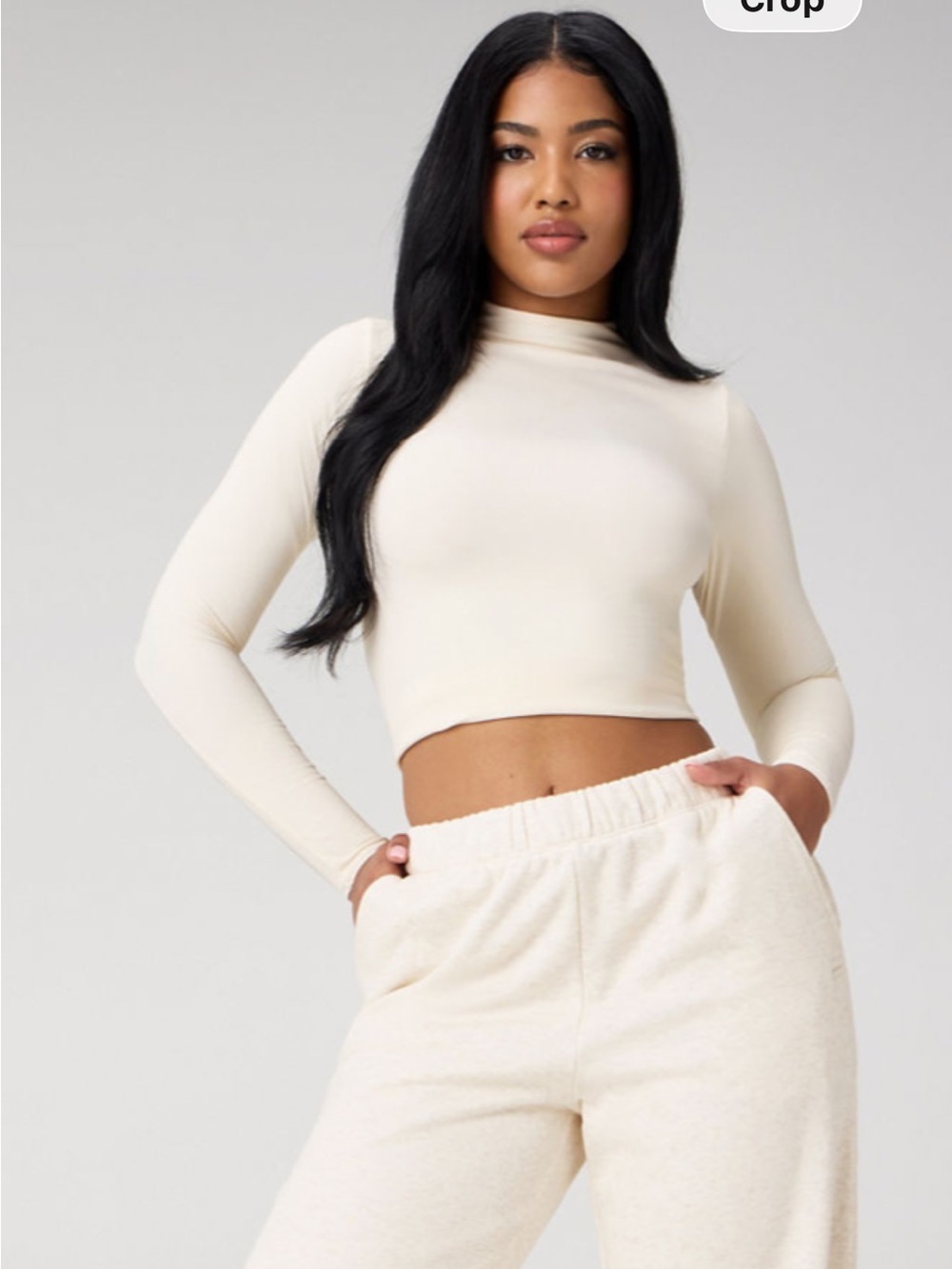 Fabletics Cream Mock Neck Long Sleeve Crop Top